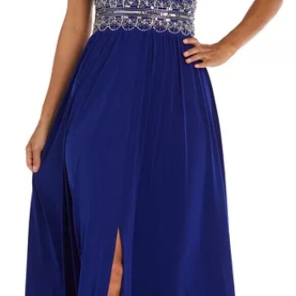 Blue Sequin Embellished Halter Gown - Picture 4 of 5